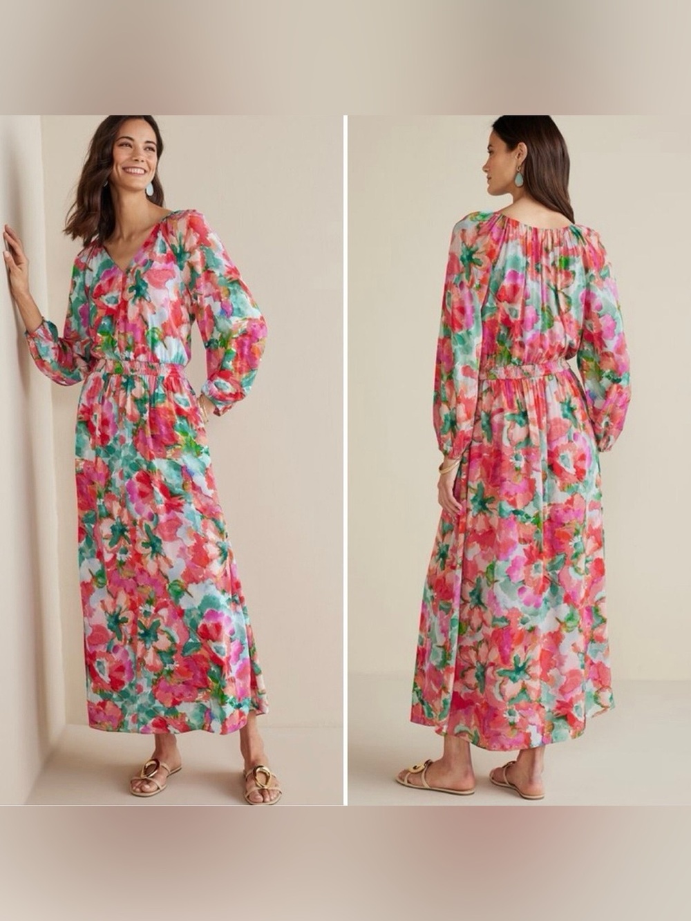 SOFT SURROUNDINGS Dress Large Evalina Tropical Floral Smocked Waist Lined NWT